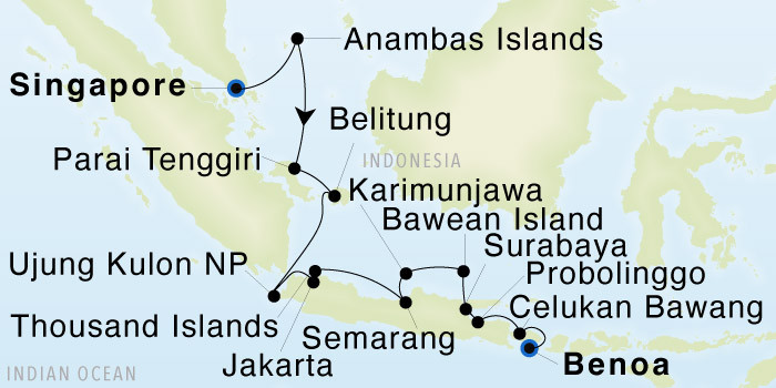 Singapore to Benoa (Bali) SeaDream III Voyage 32911 itinerary map