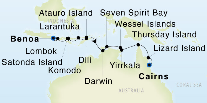 Benoa (Bali) to Cairns, Queensland SeaDream III Voyage 32912 itinerary map