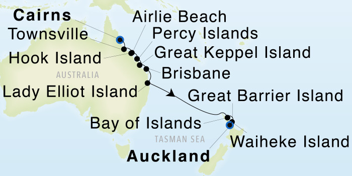 Cairns, Queensland to Auckland SeaDream III Voyage 32913 itinerary map