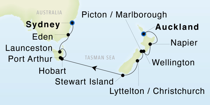 Auckland to Sydney, New South Wales SeaDream III Voyage 33001 itinerary map