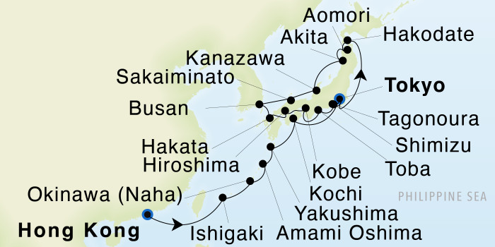 Hong Kong to Tokyo SeaDream III Voyage G32901 itinerary map