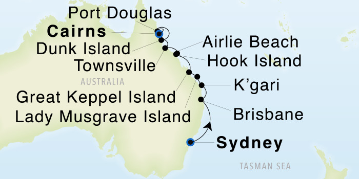 Sydney, New South Wales to Cairns, Queensland SeaDream III Voyage 33003 itinerary map