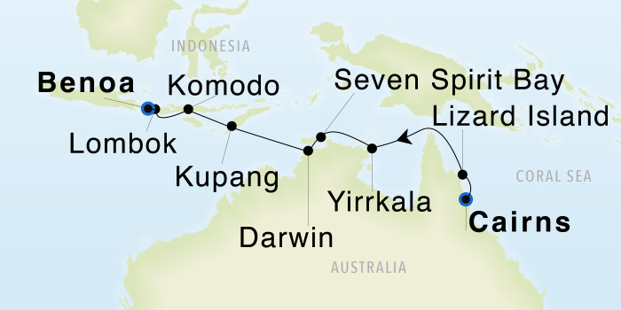 Cairns, Queensland to Benoa (Bali) SeaDream III Voyage 33004 itinerary map