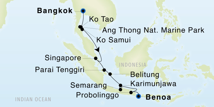 Benoa (Bali) to Bangkok (Khlong Toei) SeaDream III Voyage 33005 itinerary map
