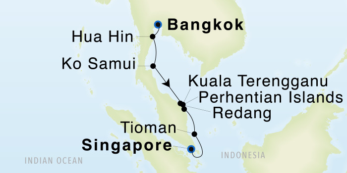 Bangkok (Khlong Toei) to Singapore SeaDream III Voyage 33006 itinerary map