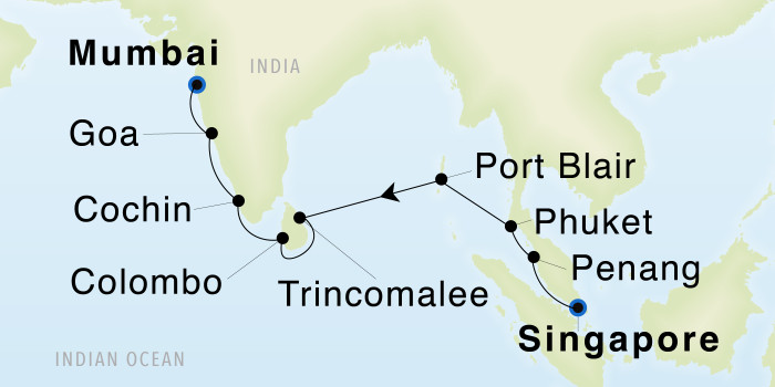 Singapore to Mumbai, Maharashtra SeaDream III Voyage 33007 itinerary map