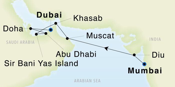 Mumbai, Maharashtra to Dubai SeaDream III Voyage 33009 itinerary map