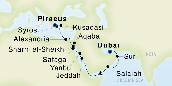 Dubai to Athens (Piraeus) SeaDream III Voyage 33010 itinerary map