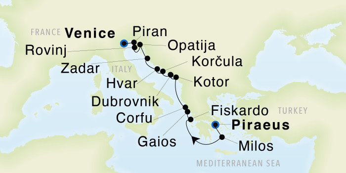 Athens (Piraeus) to Venice SeaDream III Voyage 33011 itinerary map
