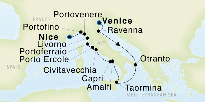 Venice to Nice SeaDream III Voyage 33012 itinerary map