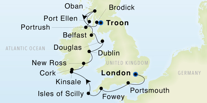 London to Glasgow (Troon) SeaDream III Voyage 33016 itinerary map