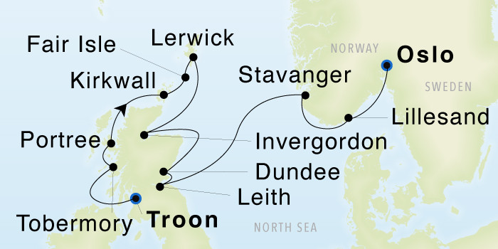 Glasgow (Troon) to Oslo SeaDream III Voyage 33017 itinerary map
