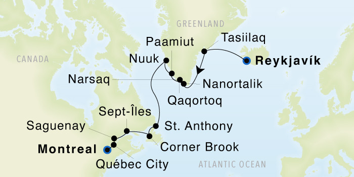 Reykjavík to Montreal, Québec SeaDream III Voyage 33023 itinerary map