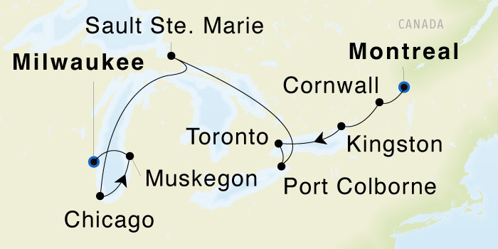 Montreal, Québec to Milwaukee, Wisconsin SeaDream III Voyage 33024 itinerary map