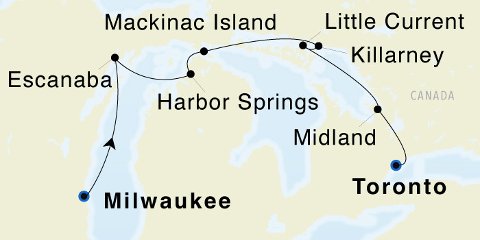 Milwaukee, Wisconsin to Toronto, Ontario SeaDream III Voyage 33025 itinerary map