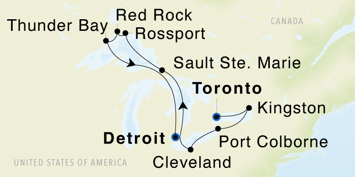 Toronto, Ontario to Detroit, Michigan SeaDream III Voyage 33026 itinerary map