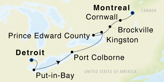 Detroit, Michigan to Montreal, Québec SeaDream III Voyage 33027 itinerary map