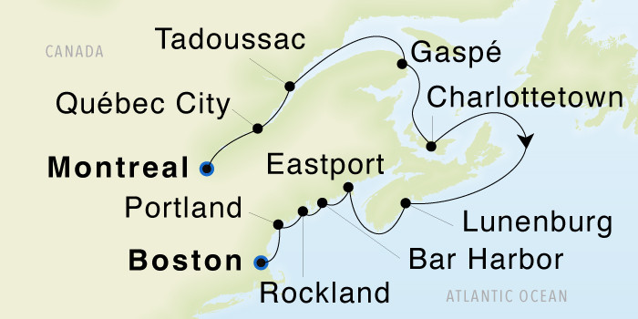 Montreal, Québec to Boston, Massachusetts SeaDream III Voyage 33028 itinerary map