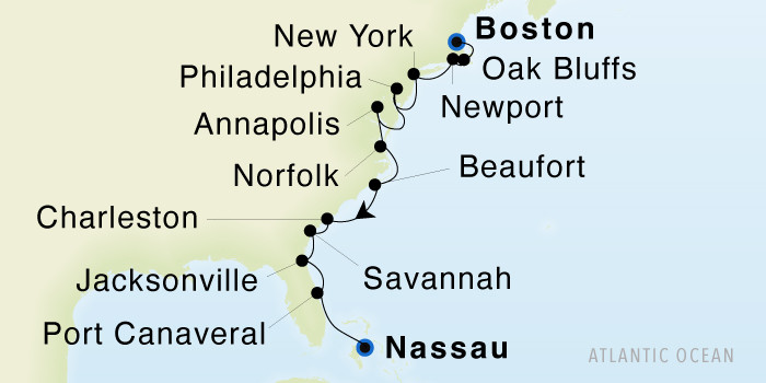 Boston, Massachusetts to Nassau SeaDream III Voyage 33030 itinerary map