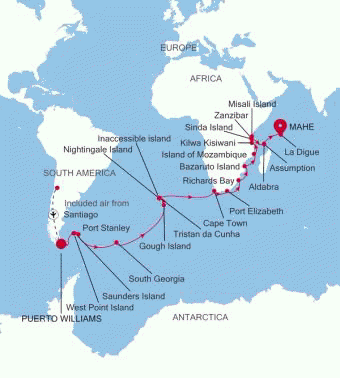 Silversea Cruises Silver Cloud Expedition Map 2026 Puerto Williams to Mahe