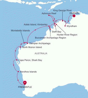Silversea Cruises Silver Cloud Expedition Map 2026 Darwin to Fremantle (Perth), Western Australia