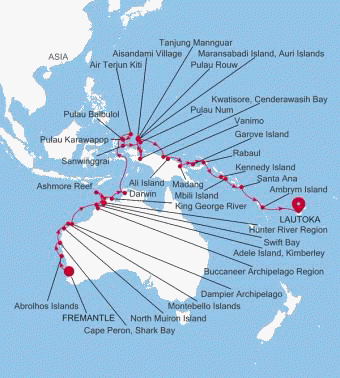 Silversea Cruises Silver Cloud Expedition Map 2026 Fremantle (Perth), Western Australia to Lautoka