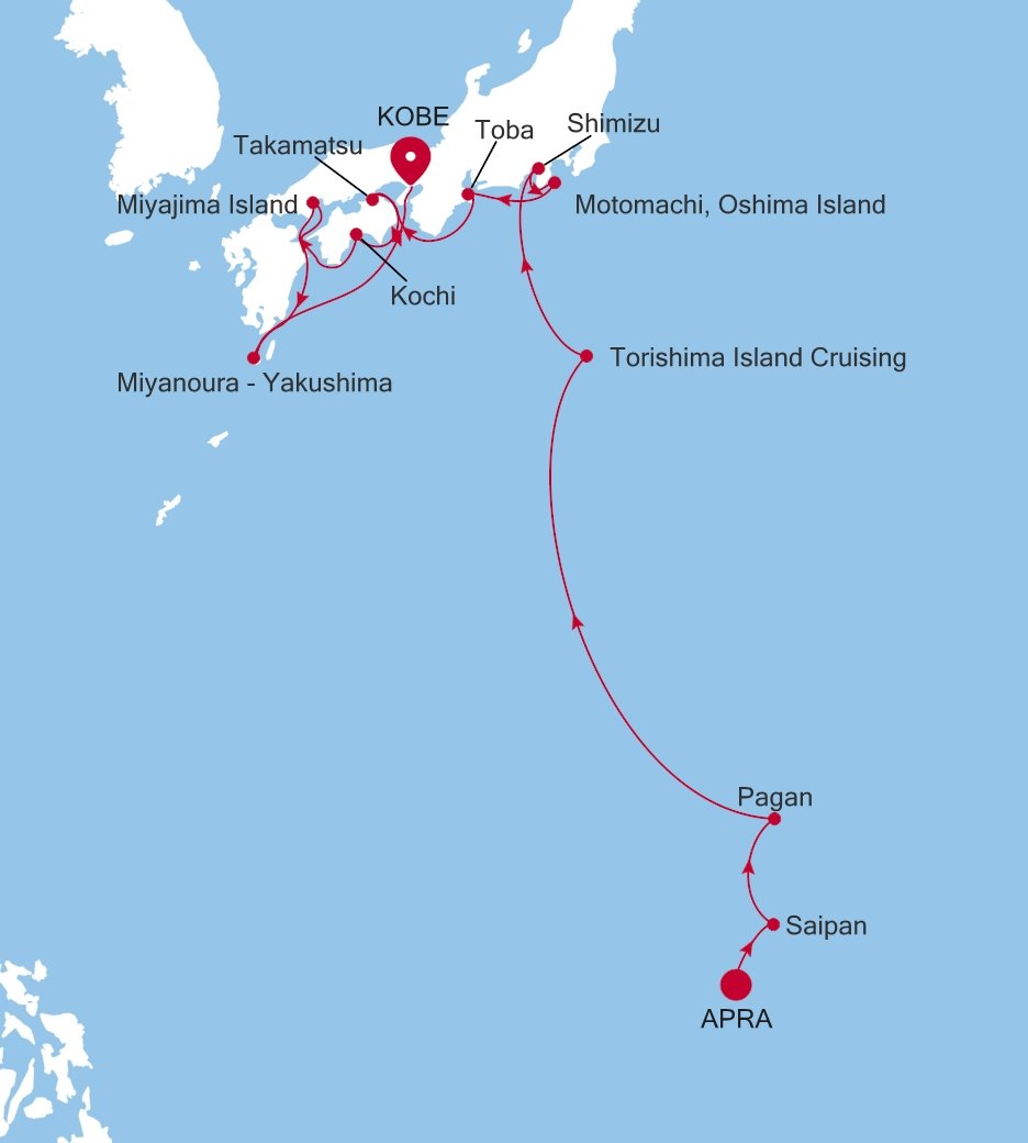 Apra to Kobe Silver Cloud Voyage E4270502014 itinerary map