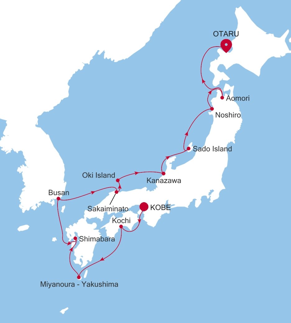 Kobe to Otaru (Hokkaido) Silver Cloud Voyage E4270516012 itinerary map