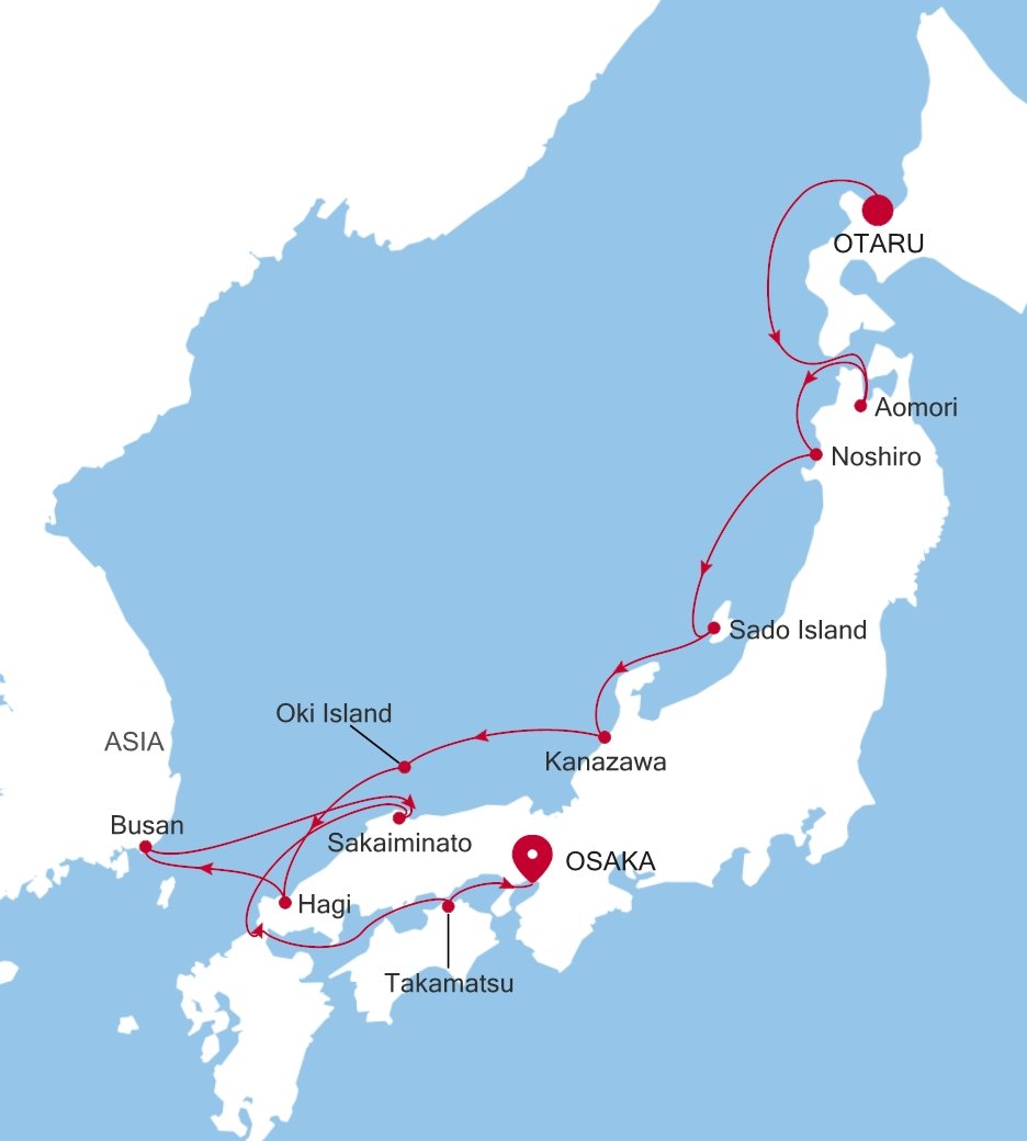 Otaru (Hokkaido) to Osaka Silver Cloud Voyage E4270528012 itinerary map