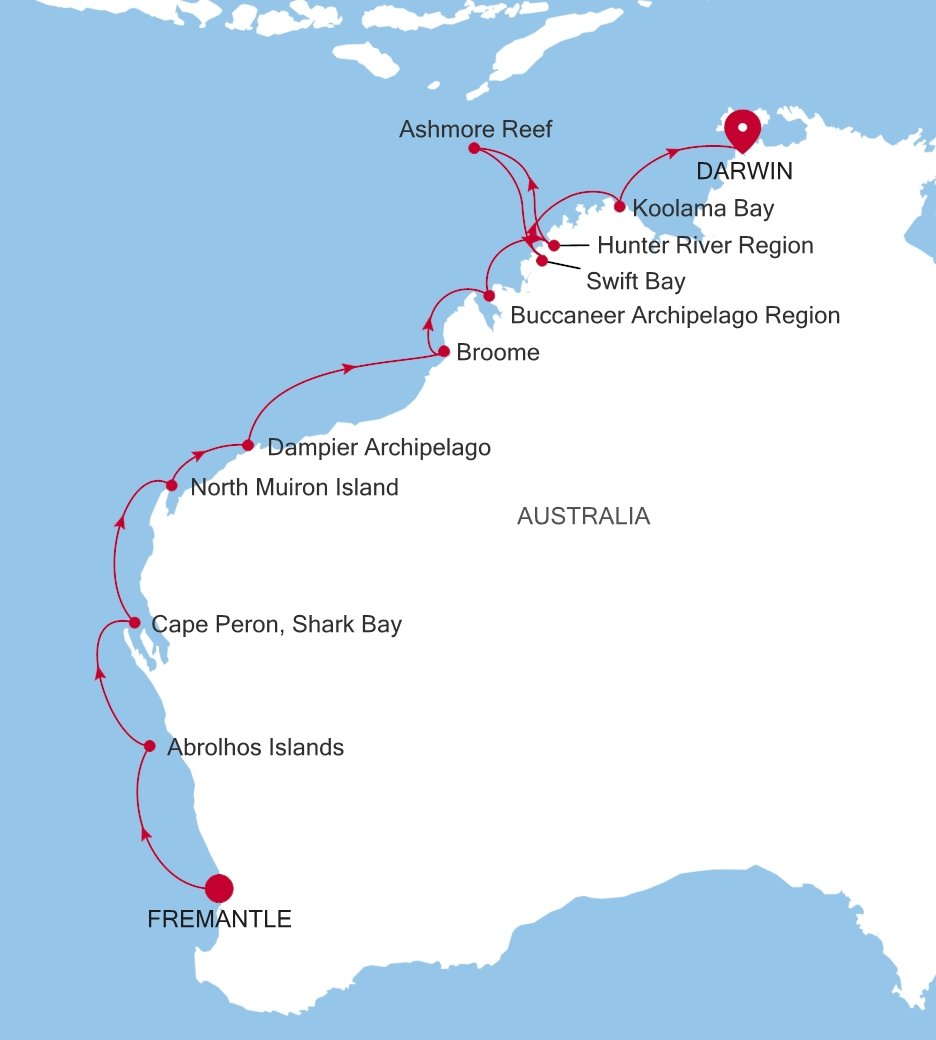 Fremantle (Perth), Western Australia to Darwin Silver Cloud Voyage E4270909016 itinerary map