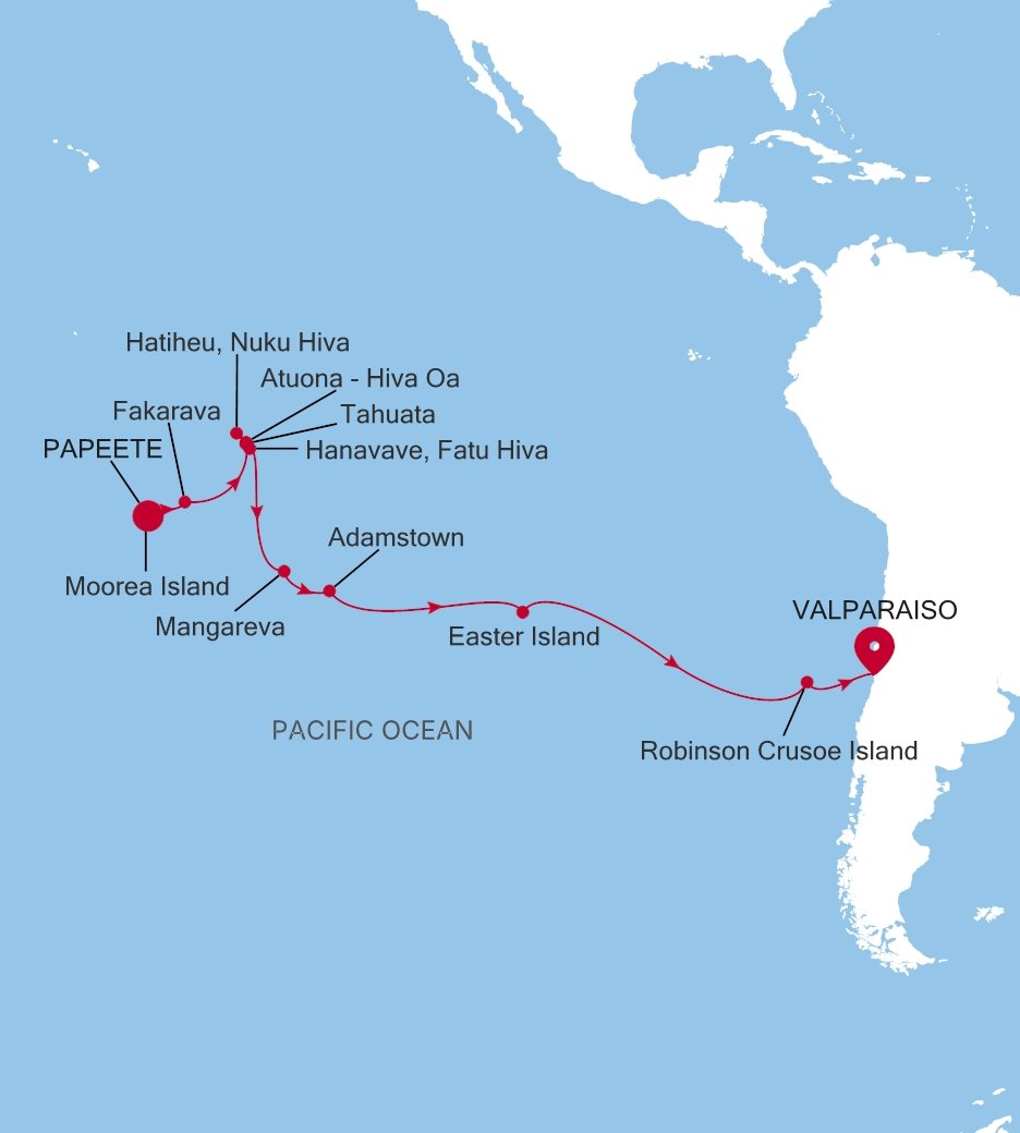 Papeete (Tahiti) to Valparaiso Silver Cloud Voyage E4271023023 itinerary map
