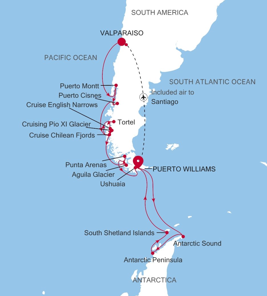 Valparaiso to Puerto Williams Silver Cloud Voyage E4271115020 itinerary map