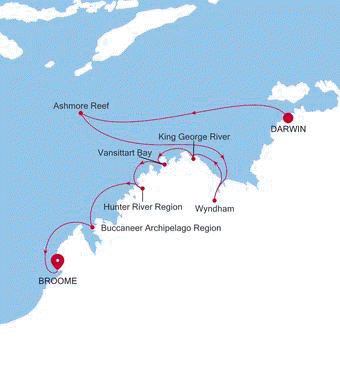 Darwin to Broome (Kimberley) Silver Cloud Voyage E4260624010 itinerary map