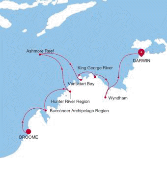 Broome (Kimberley) to Darwin Silver Cloud Voyage E4260704010 itinerary map