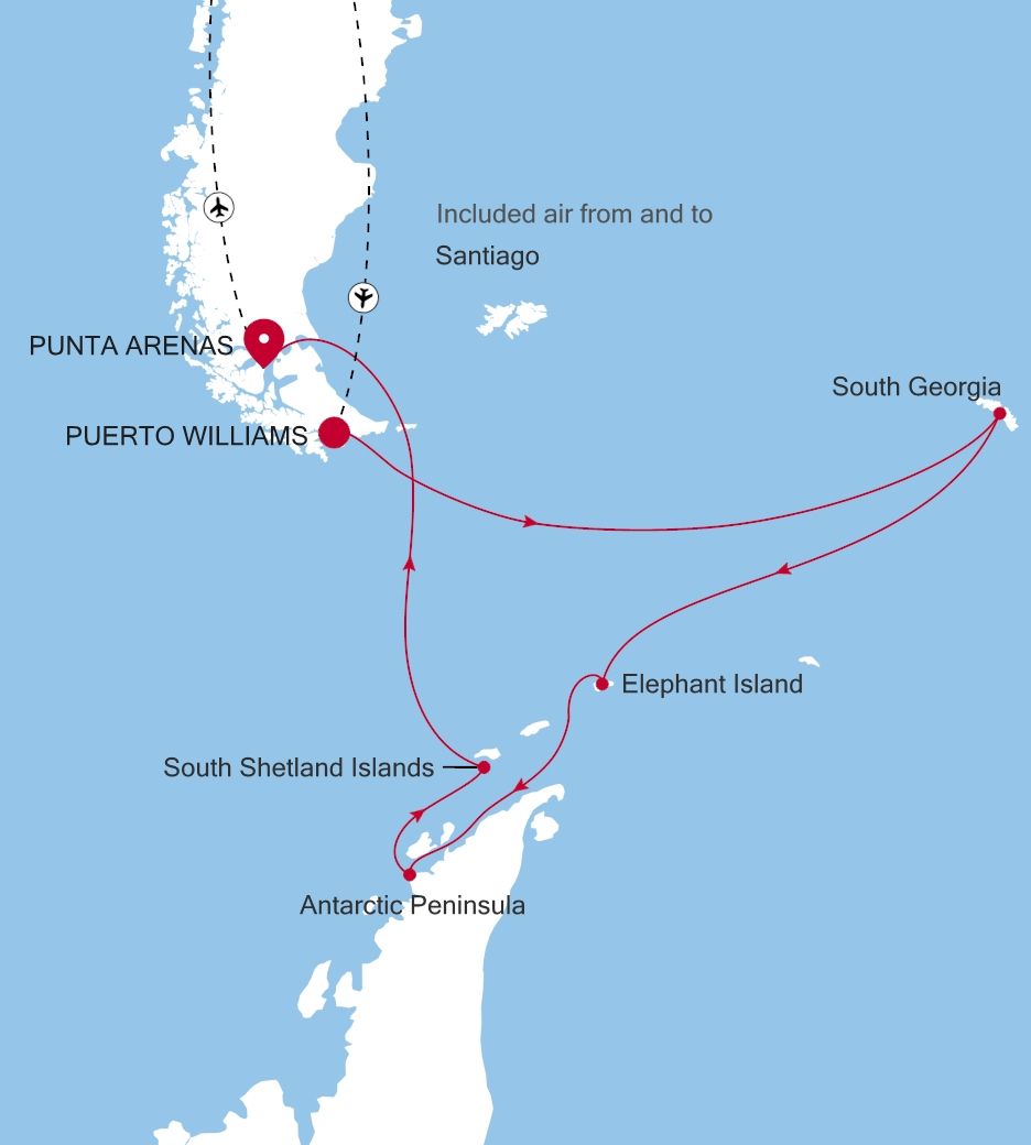 Silver Cloud Puerto Williams to Punta Arenas voyage E4270118015 itinerary map