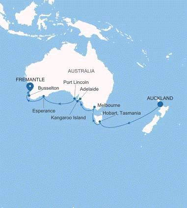 Silversea Cruises Silver Dawn Map 2026 Auckland to Fremantle (Perth), Western Australia