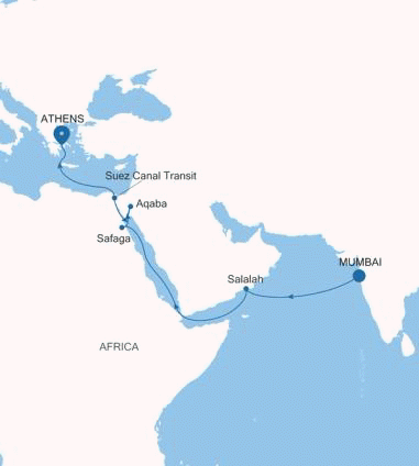 Silversea Cruises Silver Dawn Map 2026 Mumbai to Athens (Piraeus)
