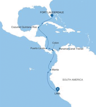 Silversea Cruises Silver Dawn Map 2026 Fort Lauderdale, Florida to Lima (Callao)
