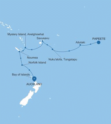 Silversea Cruises Silver Dawn Map 2026 Papeete (Tahiti) to Auckland