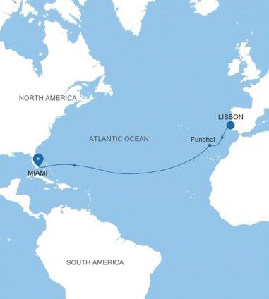 Silversea Cruises Silver Dawn Map 2026 Lisbon to Miami, FL