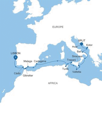 Silversea Cruises Silver Dawn Map 2026 Split to Lisbon