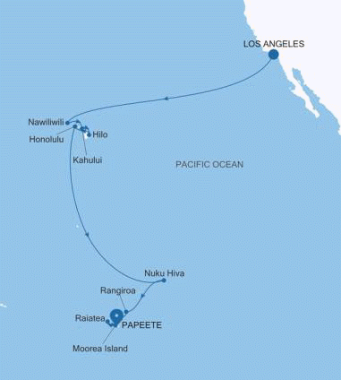 Silversea Cruises Silver Dawn Map 2027 Los Angeles, California to Papeete (Tahiti)