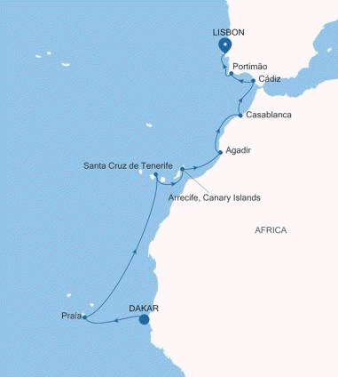 Silversea Cruises Silver Dawn Map 2027 Dakar to Lisbon