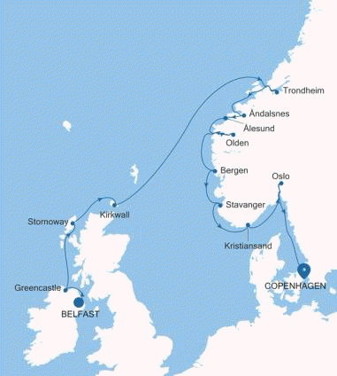 Silversea Cruises Silver Dawn Map 2027 Belfast  to Copenhagen