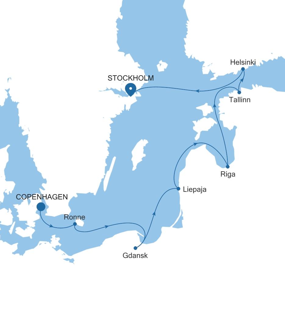 Silver Dawn Copenhagen to Stockholm voyage DA260804007 itinerary map