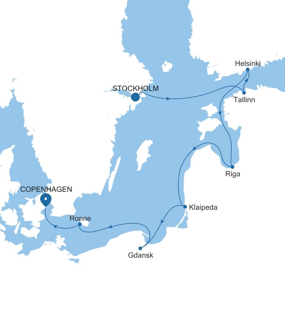 Silver Dawn Stockholm to Copenhagen voyage DA260811007 itinerary map