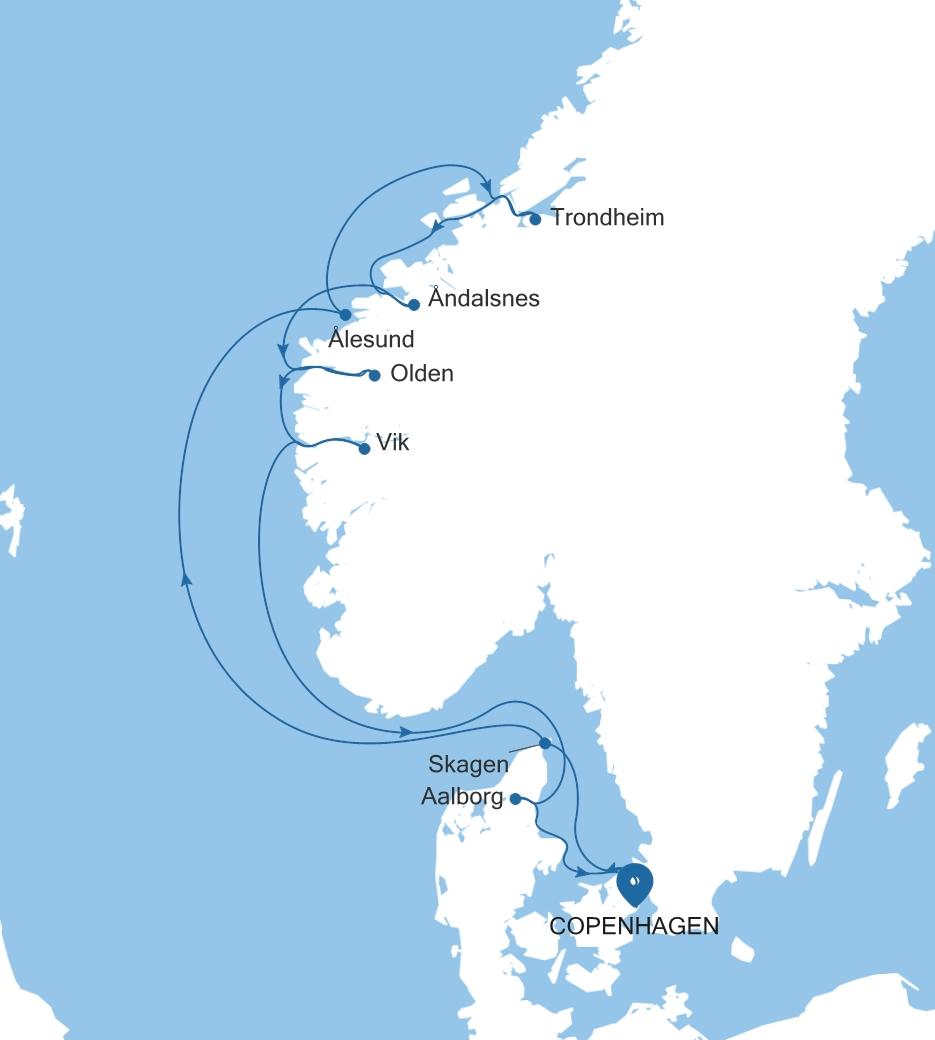 Silver Dawn Copenhagen to Copenhagen voyage DA260818010 itinerary map