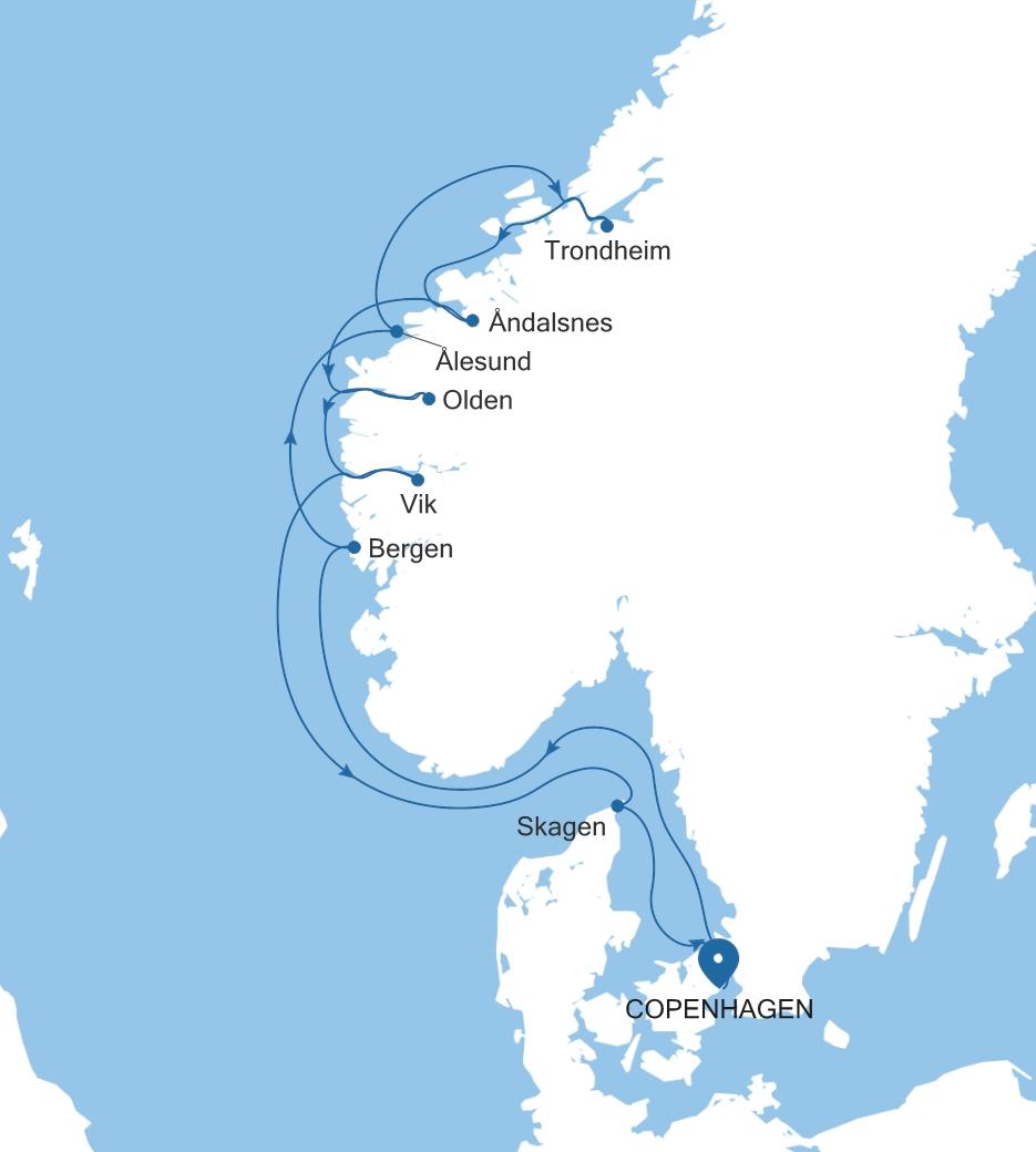 Silver Dawn Copenhagen to Copenhagen voyage DA260828010 itinerary map