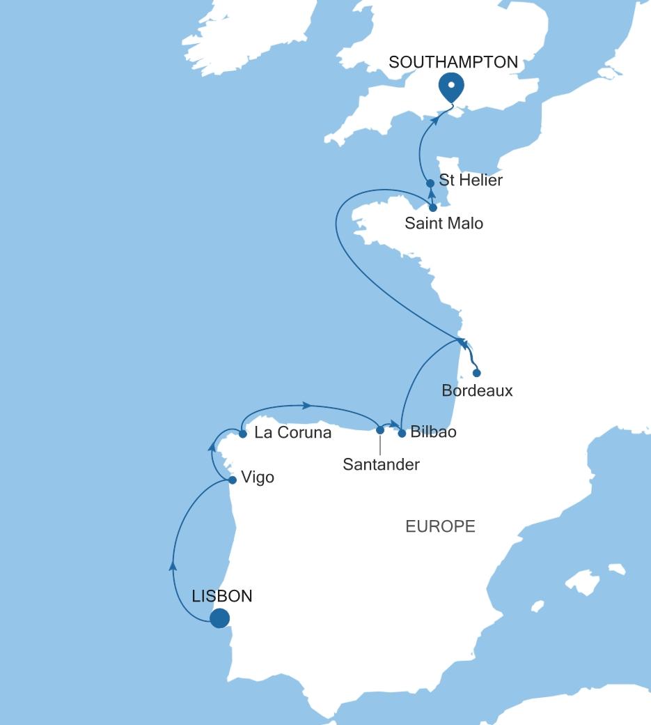 Silver Dawn Lisbon to Southampton voyage DA261001012 itinerary map