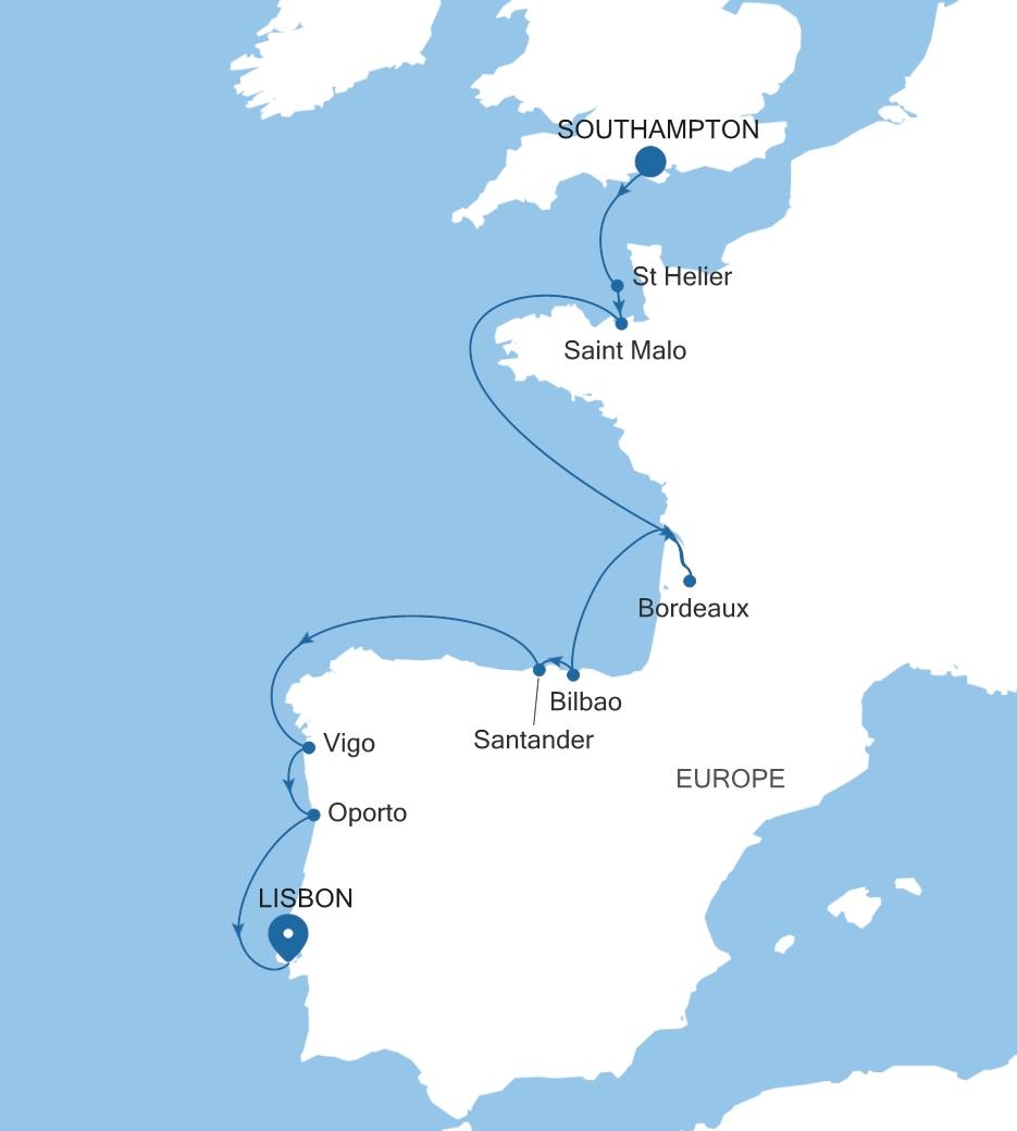 Silver Dawn Southampton to Lisbon voyage DA261013012 itinerary map